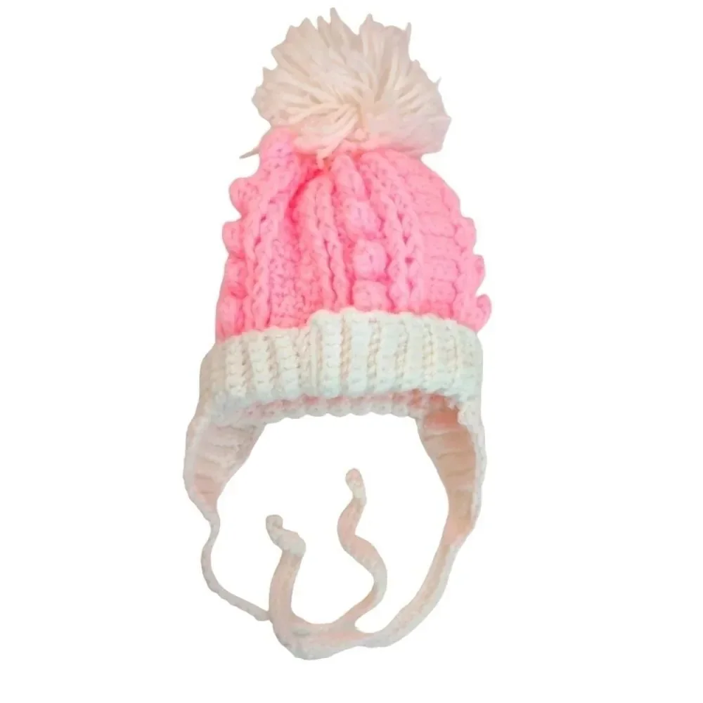 Handmade Pink and white Baby Winter Hat Pom Pom Crochet Ear flaps with ties
